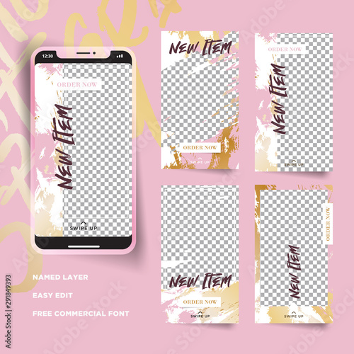 Set of abstract pink and gold social media stories promotion feed, fashion beauty mockup template