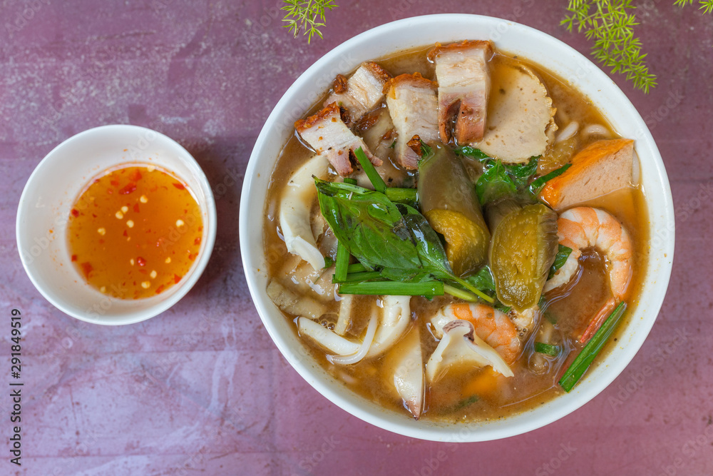 Bowl of colorful and delicious Vietnamese seafood noodles soup Bowl of colorful and delicious Vietnamese seafood noodles soup