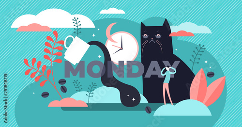 Monday vector illustration. Flat tiny sleepy morning symbol persons concept
