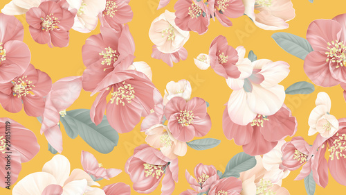 Floral seamless pattern, Japanese quince flowers on yellow, pastel vintage theme