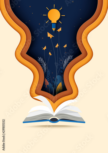 Open book with learning,education and explore concept background template paper art style.Vector illustration.