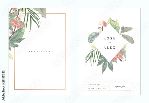 Floral wedding invitation card template design, pink Japanese quince flowers with various leaves on white, pastel vintage theme