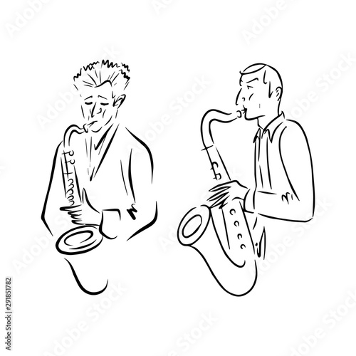 Jazz musicians playing music. Saxophone players sketch.