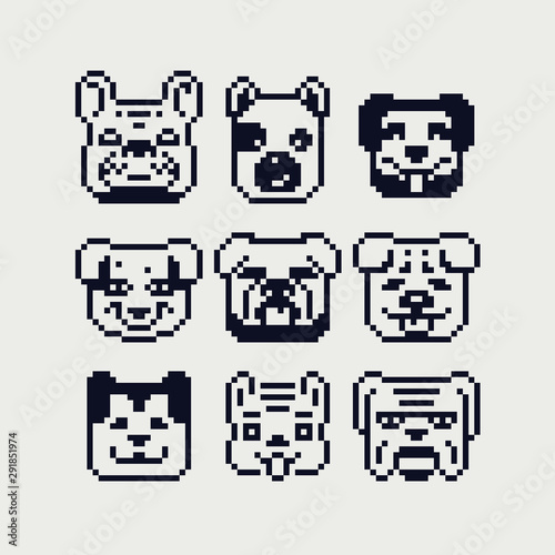 Dog faces 1 bit pixel art icons set, various dogs head collection, design for logo, web, sticker, pet shop or animal shelter, print for clothes, stamp and mobile app. Isolated vector illustration. 
