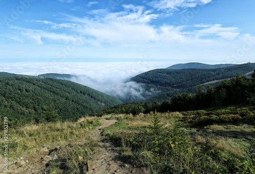 Beskydy mountains valley filled with clouds on summer morning