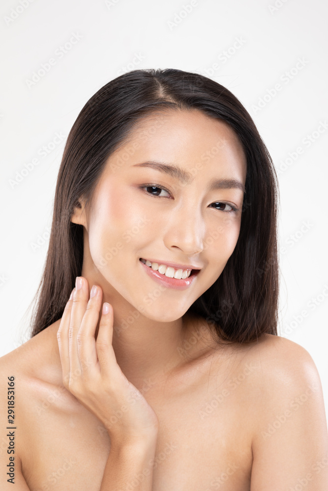 Beautiful Asian young woman touching neck smile with clean and fresh skin Happiness and cheerful with positive emotional,isolated on white background,Beauty and Cosmetics Concept