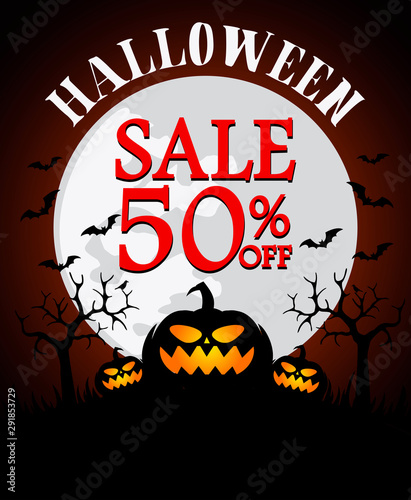 Halloween sale background with pumpkin 50  off. Vector illustration