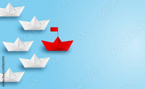 Business leadership ,financial concept. paper boat red leadership to sea go to success goal. paper art style. creative idea. vector ,illustration.