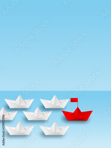 Business leadership ,financial concept. paper boat red leadership to sea go to success goal. paper art style. creative idea. vector ,illustration.