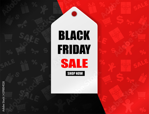 Black Friday Sale . Design with label on red background .Vector. illustration.