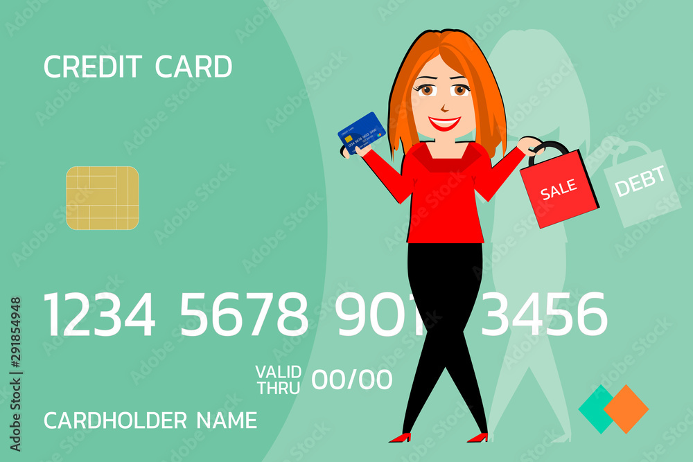 Business woman hand holding credit card and shopping bag , may be make debt burden or convenient life about credit card in lifestyle , vector Business woman hand holding credit card and shopping bag , may be make debt burden or convenient life about credit card in lifestyle , vector