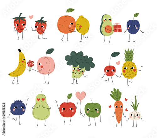 Collection of Cute Cheerful Vegetables, Fruits and Berries Characters Holding Hands, Hugging, Kissing and Giving Gifts, Best Friends, Happy Couples in Love Vector Illustration