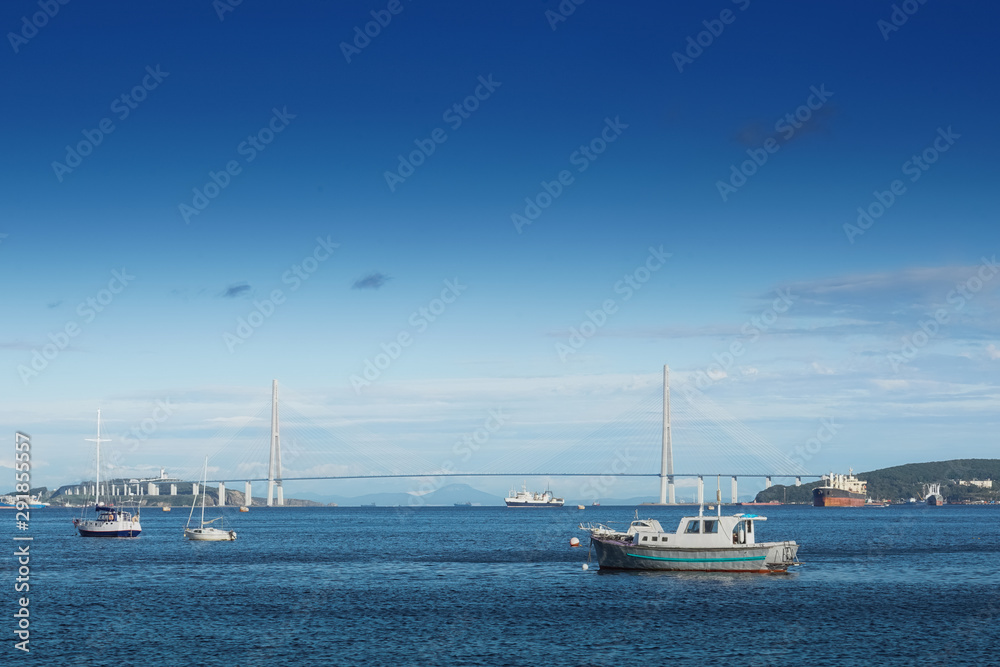 Seascape overlooking the Russian bridge and ships.