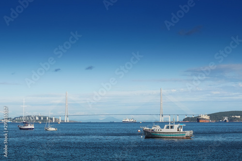 Seascape overlooking the Russian bridge and ships. © vvicca