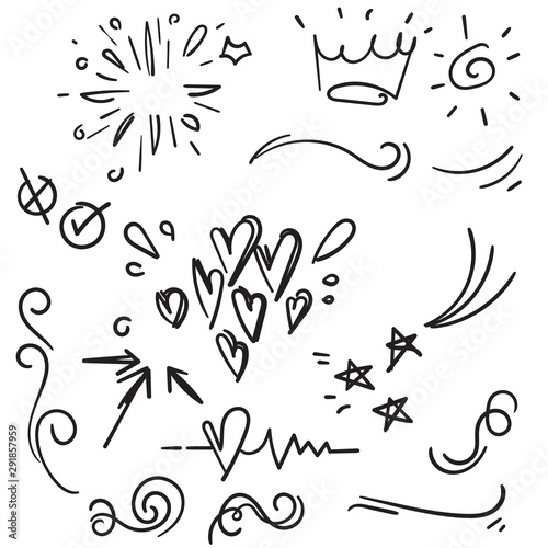 Hand drawn set elements doodle with black line on white background