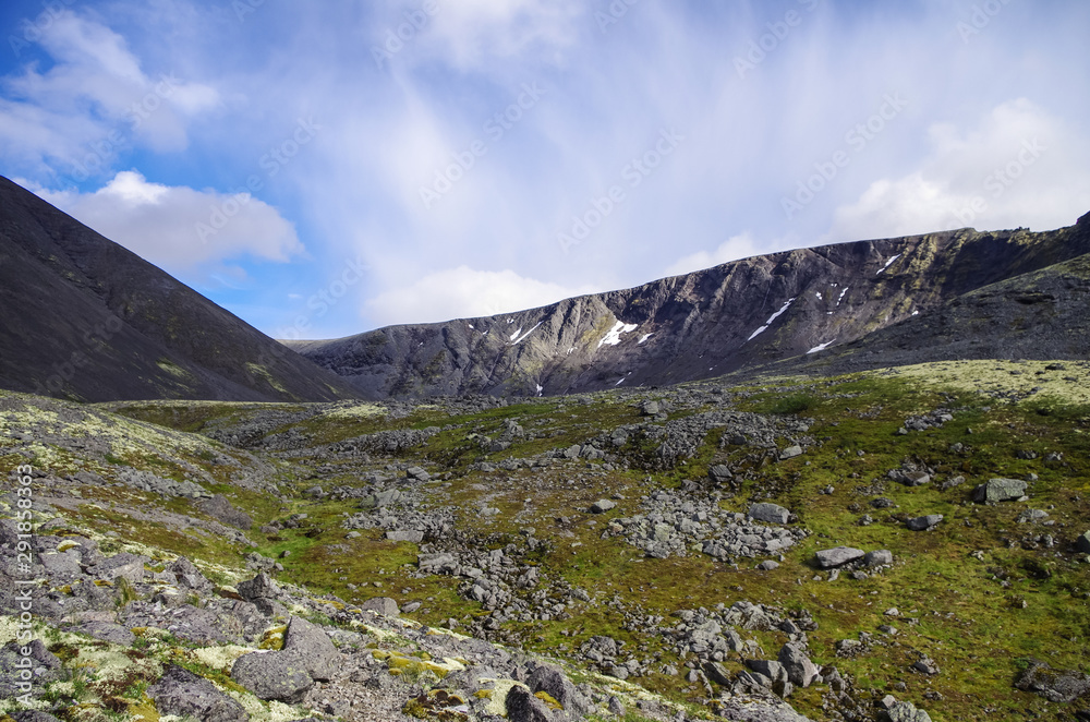 Mountain valley in Khibiny range, mountains above the Arctic circle, Kola peninsula, Russia