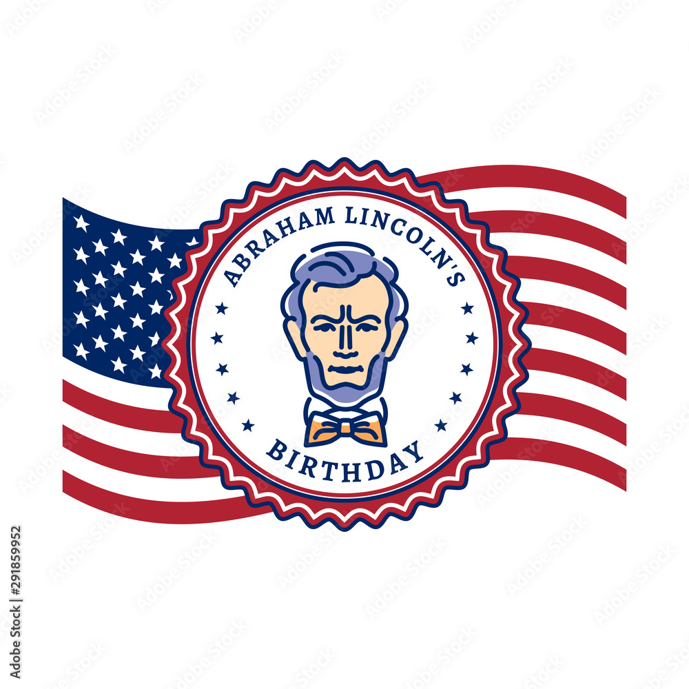Abraham Lincoln's Birthday. Waving flag United States of America and portrait of Abraham Lincoln. National Holiday USA, Vector illustration Stock Vector
