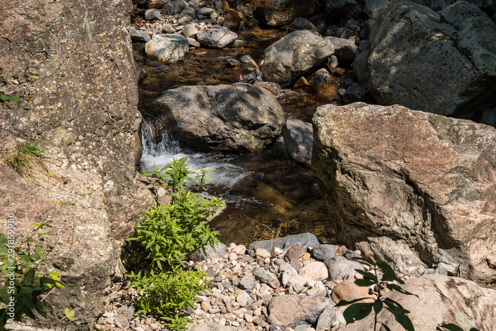 stream flow through the rocky creek down the valley floor on a sunny day stream flow through the rocky creek down the valley floor on a sunny day