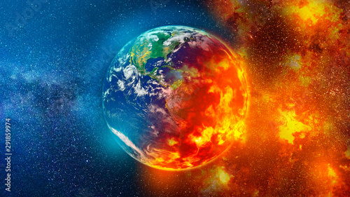 View of planet earth burning in space red and blue