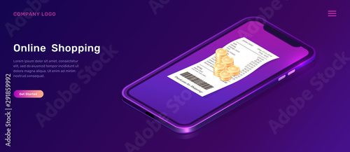 Online shopping, isometric concept vector illustration. Smartphone screen with paper check and golden coins isolated on ultraviolet background, landing web page for mobile app