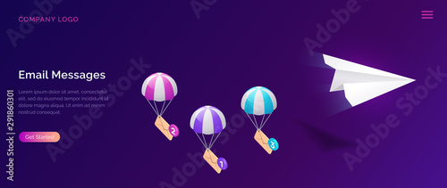 Email message service, isometric concept vector illustration. Flying paper plane and parachuting icon envelopes, unread message, ultraviolet web page for email marketing company, sending notifications