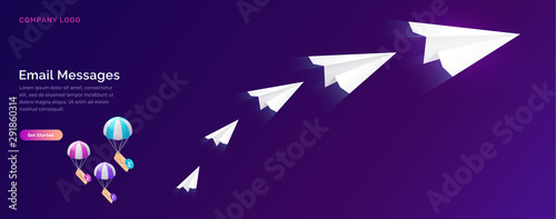 Email message service, isometric concept vector illustration. Flying paper plane and parachuting icon envelopes, unread message, ultraviolet web page for email marketing company, sending notifications