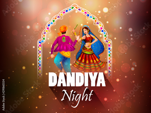 easy to edit vector illustration of Indian people dancing Garba dance for Dandiya Disco Night event on Navratri Dussehra festival of India photo