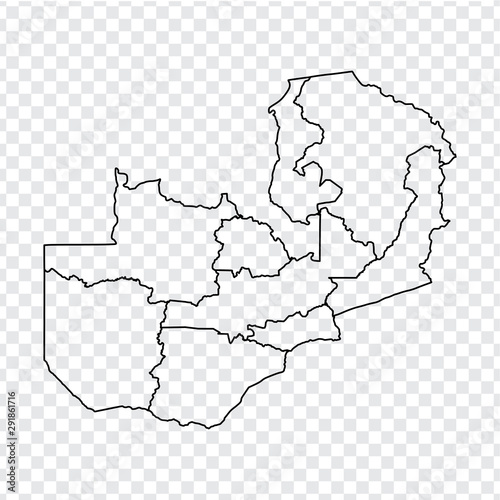 Blank map Zambia. High quality map Republic of Zambia with provinces on transparent background for your web site design, logo, app, UI. Stock vector. EPS10. 