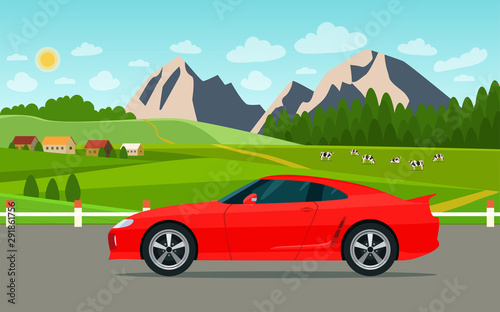 Red sport car on the background summer landscape with village and herd of cows on the field. Vector flat style illustration.