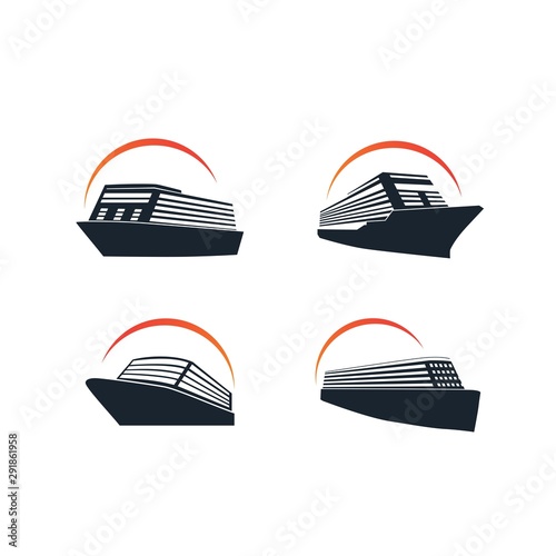 Simple ship cruiser on the ocean with sun illustration logo design set