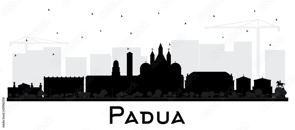 Padua Italy City Skyline Silhouette with Black Buildings Isolated on White.
