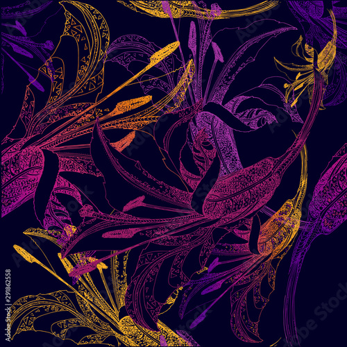Beautiful outline colorful floral pattern lily flowers. Botanical seamless vector texture hand drawn on deep blue background. For fashion prints, background, texture, wrapper pattern, wedding
