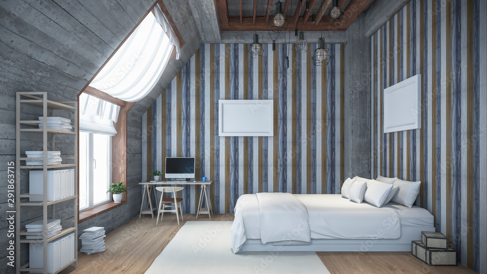 Fototapeta premium room Design wall garret Loft attic 3D rendering