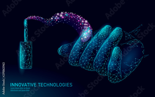 Low poly modern nail polish care technology. Innovative spa salon mani hand fingertips strengthener formula. Nail protection shield female cosmetics ad concept vector illustration