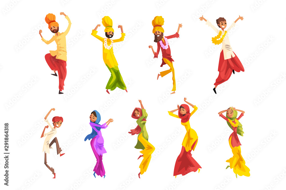 Fototapeta premium Indian man and woman in traditional clothes dancing folk dance set vector Illustrations on a white background