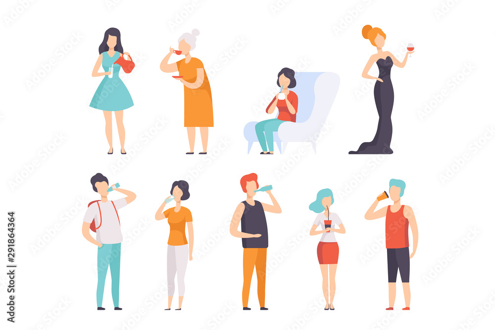 People drinking beverages set, men and women drinking tea, coffee, water, wine, milk vector Illustrations on a white background