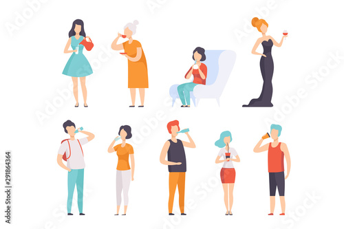 People drinking beverages set, men and women drinking tea, coffee, water, wine, milk vector Illustrations on a white background