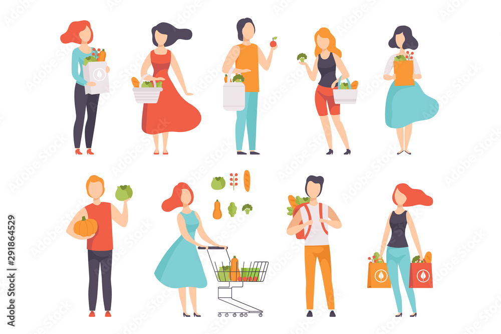 People with bags with healthy food, men and women doing shopping at the grocery shop vector Illustration on a white background