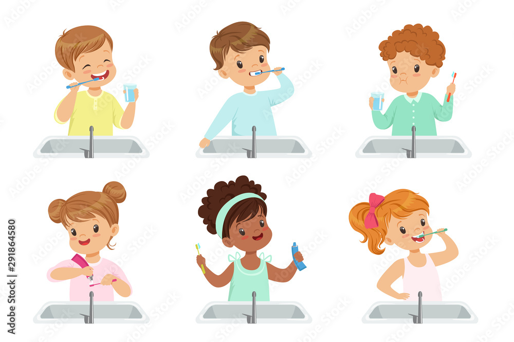Kids brushing teeth set, cute boys and girls caring for their teeth in bathroom vector Illustration on a white background Kids brushing teeth set, cute boys and girls caring for their teeth in bathroom vector Illustration on a white background