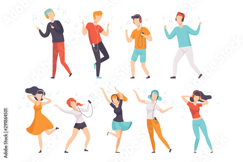 Diverse people listening music with headphones and dancing set, young faceless guys and girls in casual clothes with headphones and audio players vector Illustrations on a white background