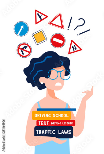 An annoyed young woman who holds driving textbooks is trying to remember traffic signs. Driving school concept, driver's license, traffic rules and tests. Vector flat illustration on white background.