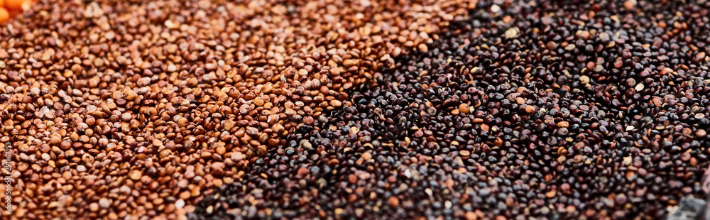 panoramic shot of black quinoa and roasted buchwheat panoramic shot of black quinoa and roasted buchwheat