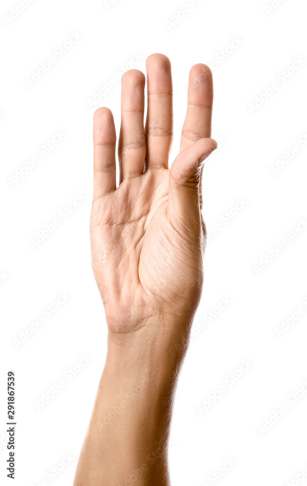Male hand with open palm on white background Male hand with open palm on white background