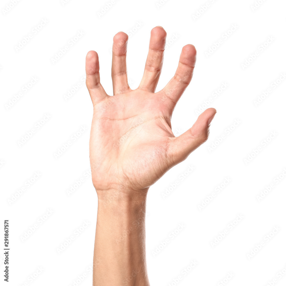 Male hand grabbing something on white background Male hand grabbing something on white background