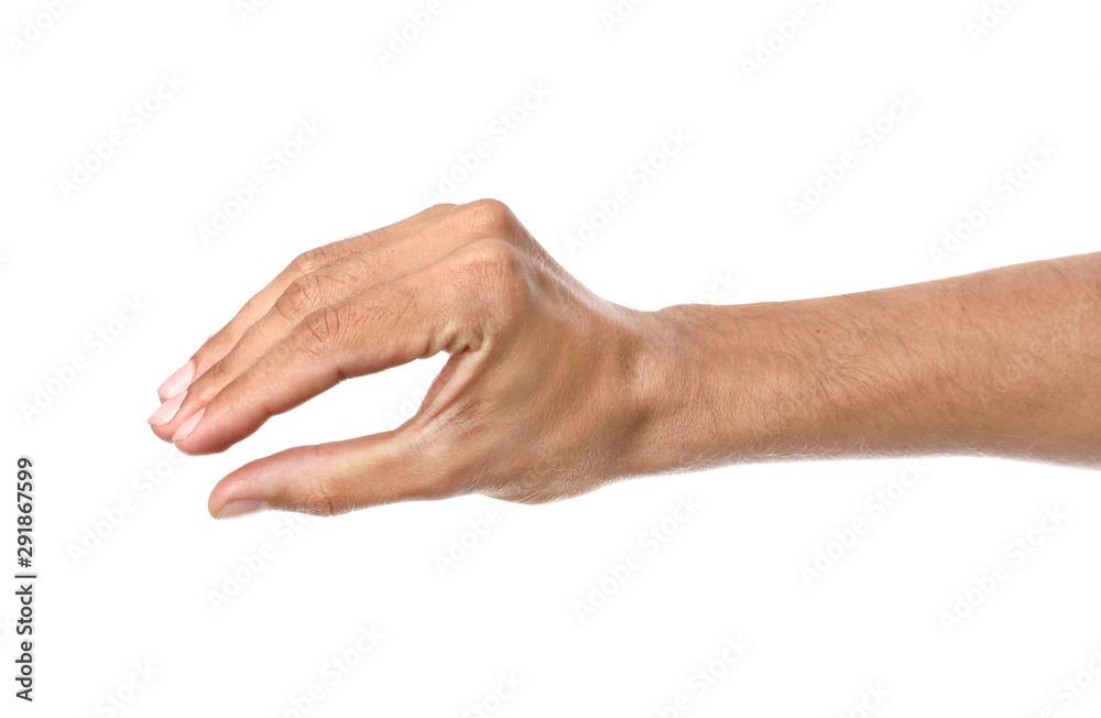 Male hand holding something on white background Male hand holding something on white background