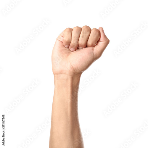 Male hand with clenched fist on white background