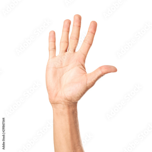 Male hand with open palm on white background