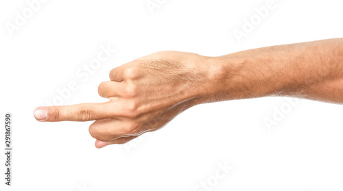Male hand showing middle finger on white background
