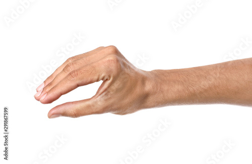 Male hand holding something on white background