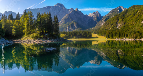 Panorama of a beautiful mountain lake in the Italian Julian Alps-Laghi di Fusine